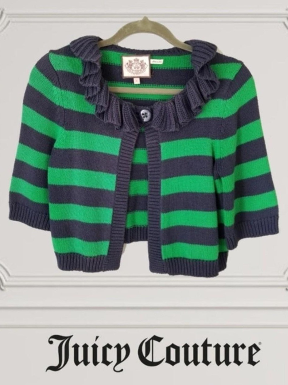 Vintage Juicy Couture Cardigan Navy Blue Green Stripe Ruffle Cropped Sweater Y2K